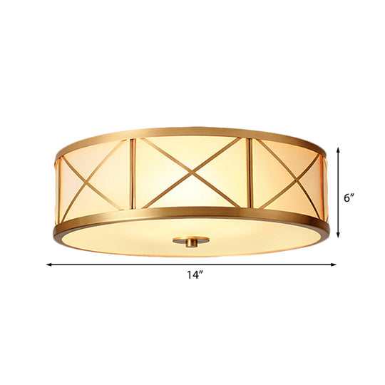 Traditional White Glass Drum Dining Room Flushmount Light With Brass Accent 4 Lights 11’/14’/18’ W