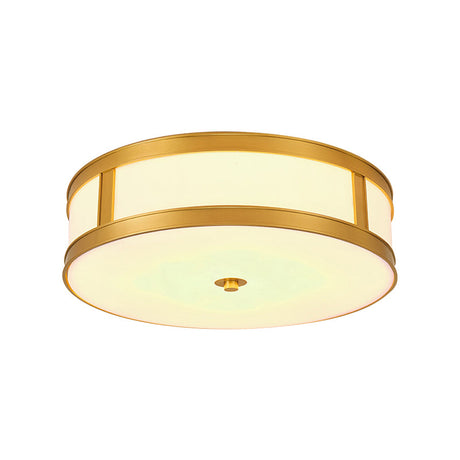 Traditional Brass Drum Flush Mount Ceiling Light Fixture With White Glass - 4 Lights 14’/18’ Width