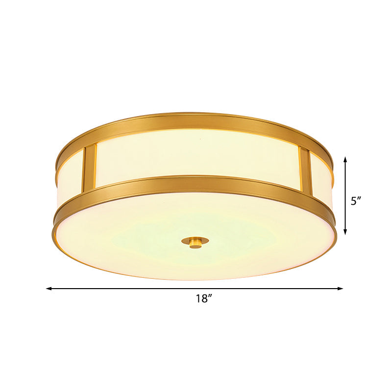 Traditional Brass Drum Flush Mount Ceiling Light Fixture With White Glass - 4 Lights 14’/18’ Width