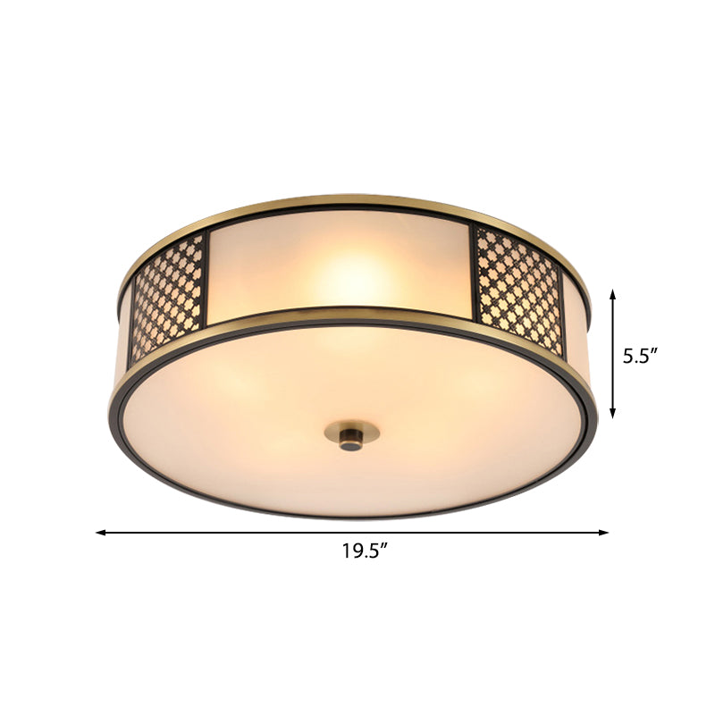 Traditional Brass Drum Flush Mount Ceiling Lamp 5 Light White Glass 16’/19.5’ Width - Ideal For