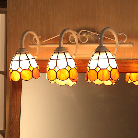 Tiffany Stained Glass Wall Mount Light: 3-Light Dome Vanity Fixture In Orange/Blue - Ideal For