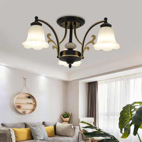 Vintage Floral White Glass Ceiling Lamp With 3/6/8 Lights For Dining Room - Semi Flush Mount In