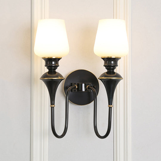 Traditional Cone White Glass Wall Sconce Light Bedroom Mounted In Gold/Black 2 / Black