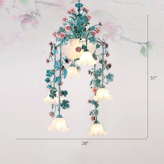 Pastoral Ceramic Flower Chandelier With Opal Glass Shade For Living Room Suspension Lighting 10 /