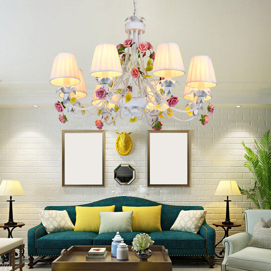 Pastoral Style Chandelier With Decorative Rose: Pleated White Fabric Hanging Light
