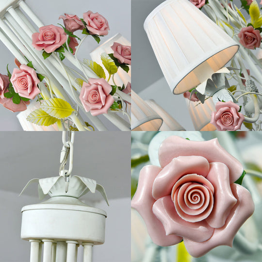 Pastoral Style Chandelier With Decorative Rose: Pleated White Fabric Hanging Light