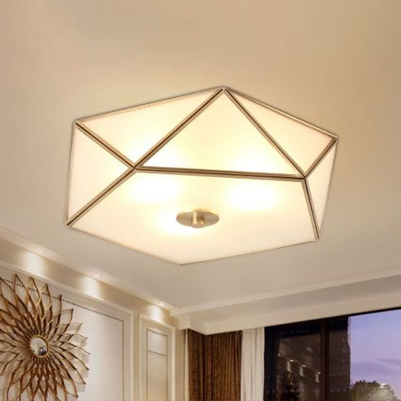 Brass Pentagonal Flushmount Ceiling Lamp: Simplicity Collection - Satin Opal Glass Flush - Mount