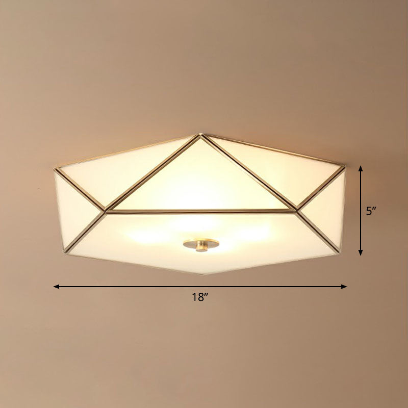 Brass Pentagonal Flushmount Ceiling Lamp: Simplicity Collection - Satin Opal Glass Flush - Mount