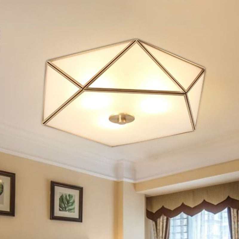 Brass Pentagonal Flushmount Ceiling Lamp: Simplicity Collection - Satin Opal Glass Flush - Mount