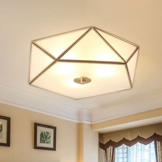 Brass Pentagonal Flushmount Ceiling Lamp: Simplicity Collection - Satin Opal Glass Flush - Mount