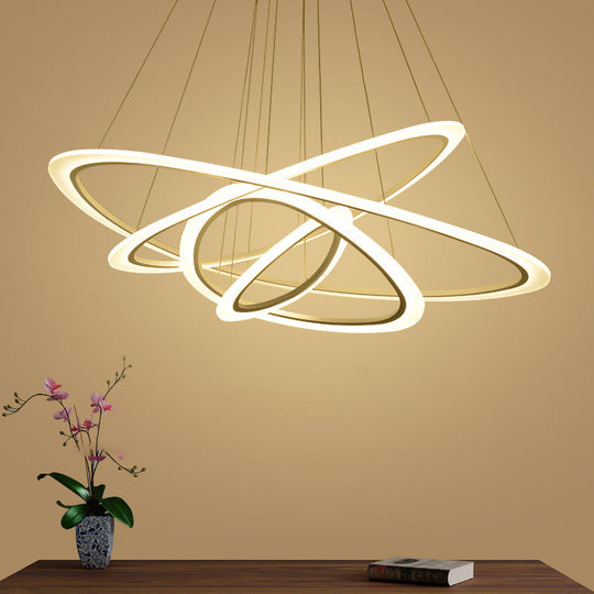 White Metal Triangular Chandelier - Simplicity 4-Ring Led Ceiling Light For Living Room