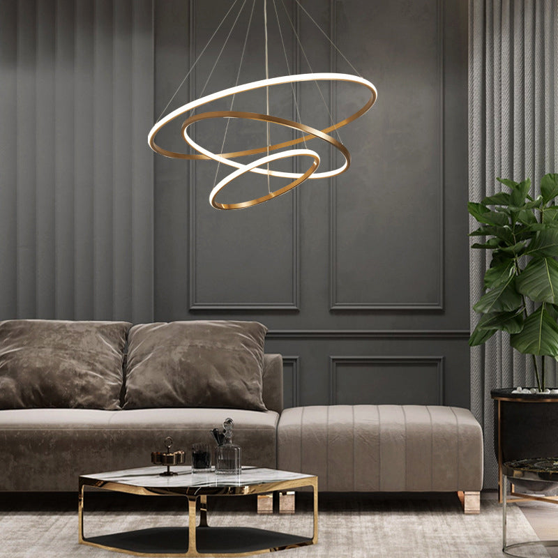 Gold Metal Led Chandelier: Modern Circular Suspension Lighting For Living Room