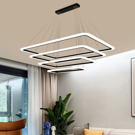 Modern 4-Tier Led Suspension Light- Black Rectangular Acrylic- Nordic Style Chandelier For Living