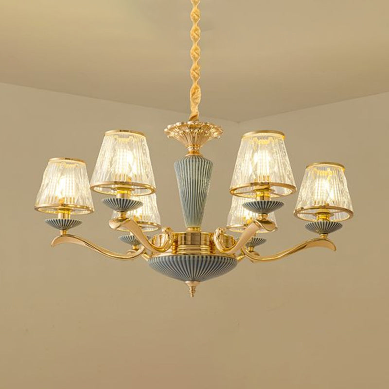 Antique Gold Ribbed Glass Chandelier - Elegant Bedroom Ceiling Pendant Lamp