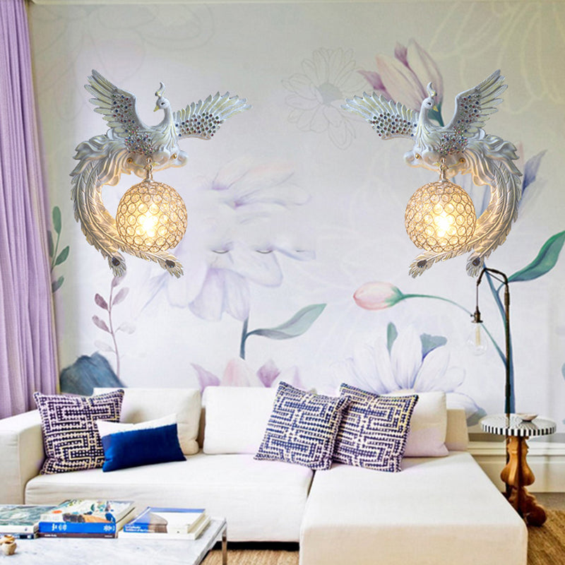 Antique Metal & Crystal Wall Sconce With Orb Design - 1-Light Living Room Lamp (White/Gold/Blue