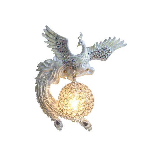 Antique Metal & Crystal Wall Sconce With Orb Design - 1-Light Living Room Lamp (White/Gold/Blue