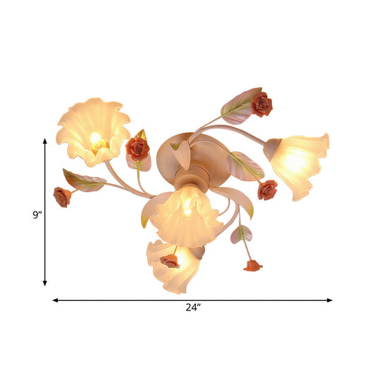 Rustic White Glass Flower Semi Flush Mount Light With 4/7 Lights - Bedroom Hanging Fixture’ Or