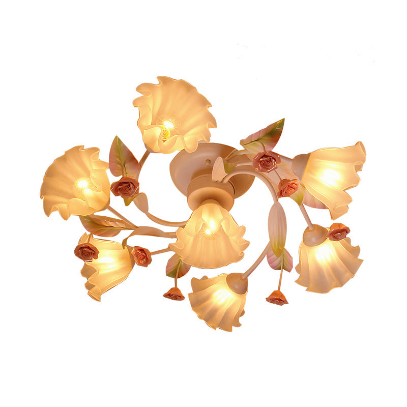 Rustic White Glass Flower Semi Flush Mount Light With 4/7 Lights - Bedroom Hanging Fixture’ Or
