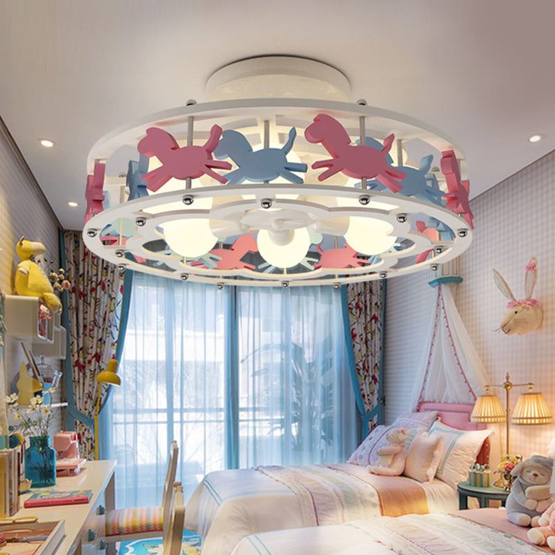 Cartoon Metal Drum Shaped 6 - Light Kids Room Ceiling Lamp In White
