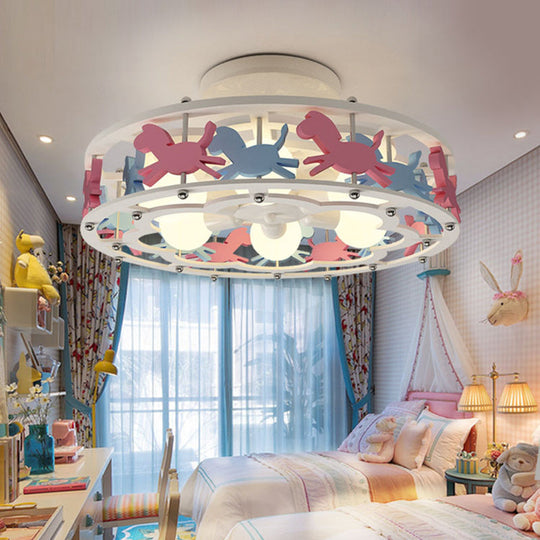 Cartoon Metal Drum Shaped 6 - Light Kids Room Ceiling Lamp In White