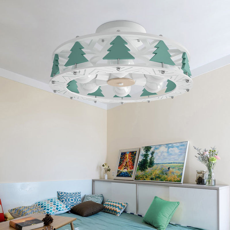 Cartoon Metal Drum Shaped 6 - Light Kids Room Ceiling Lamp In White
