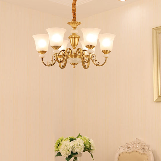 Minimalist 6-Light Bell Pendant Chandelier In Gold With Frosted White Glass