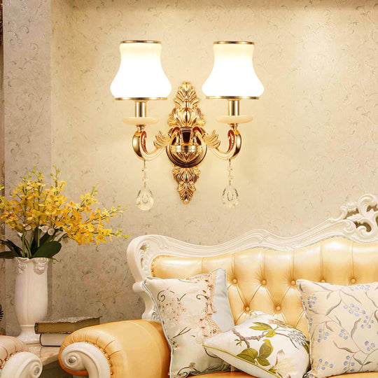 Retro Gold Flared Sconce Lamp With Crystal Droplet - Milk Glass Wall Mount Light