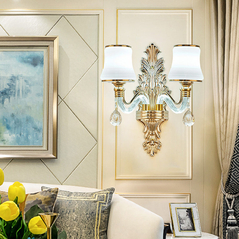 Traditional White Glass Gold Wall Sconce With Illuminated Arm For Living Room Lighting