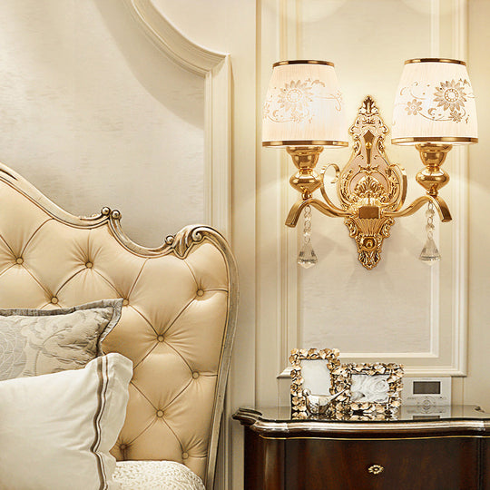 Gold Patterned Glass Wall Sconce For Traditional Bedroom