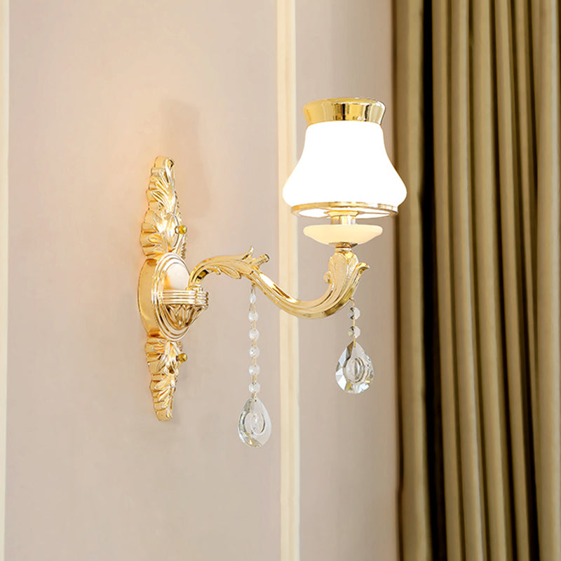 Gold Carved Arm Wall Sconce Light - Traditional Metal Bedroom With White Lampshade