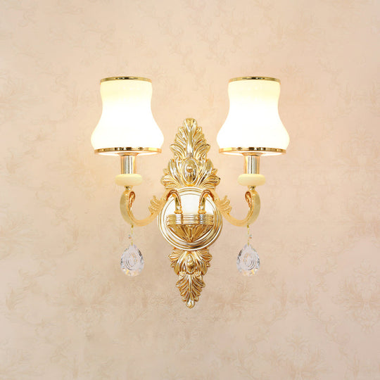 Gold Carved Arm Wall Sconce Light - Traditional Metal Bedroom With White Lampshade 2 / B