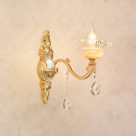 Gold Carved Arm Wall Sconce Light - Traditional Metal Bedroom With White Lampshade 1 / I
