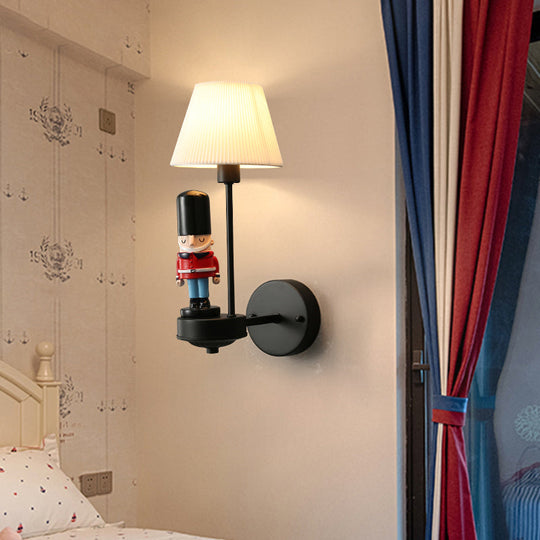 Tapered Wall Sconce Lamp: Pleated Fabric Cartoon Design With Soldier Decoration Black