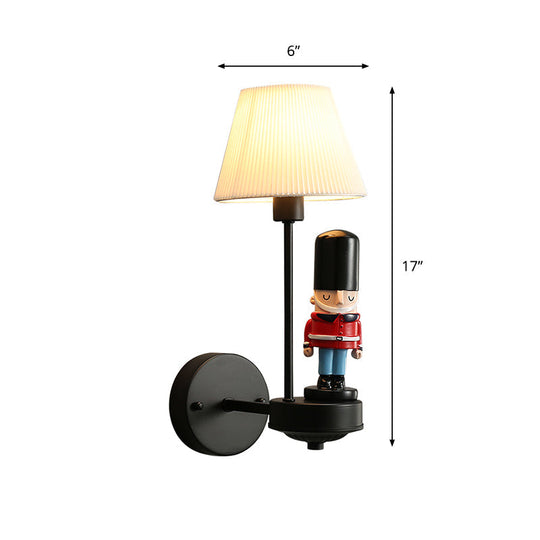 Tapered Wall Sconce Lamp: Pleated Fabric Cartoon Design With Soldier Decoration Black