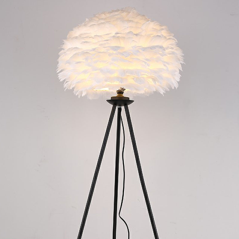 Minimalist Black-White Floor Lamp With Feather Dome Shade - 1-Light Living Room Stand Up Light Black