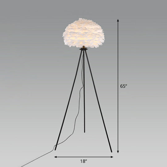 Minimalist Black-White Floor Lamp With Feather Dome Shade - 1-Light Living Room Stand Up Light