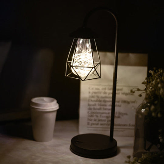Black Metal Led Gooseneck Table Lamp With Retro Style Wire Cage