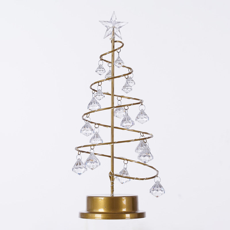Gold Finish Christmas Tree Led Night Lamp With Acrylic Crystals - Battery Operated Table Light