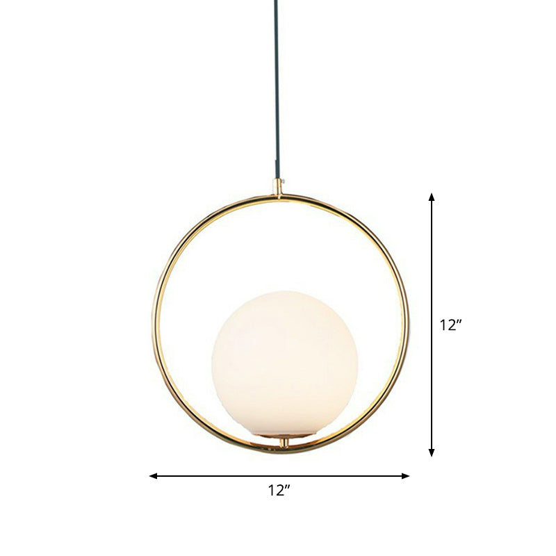 White Glass Hanging Lamp With Brass Metal Ring - Post-Modern Pendant Light / 12