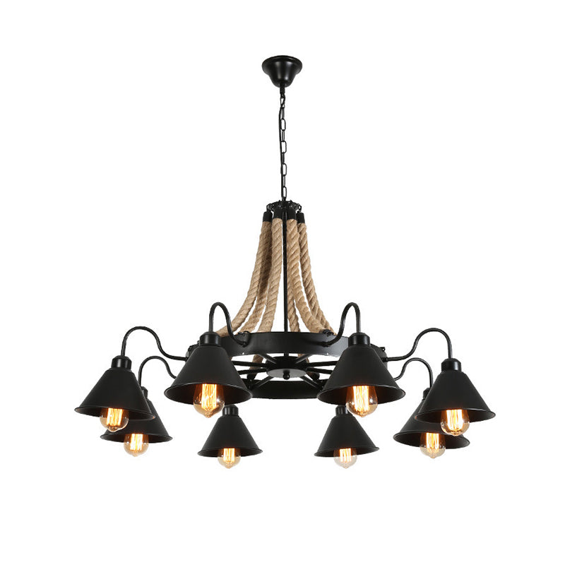 Industrial Black Iron Chandelier With Conical Shape Wheel And Hemp Decoration