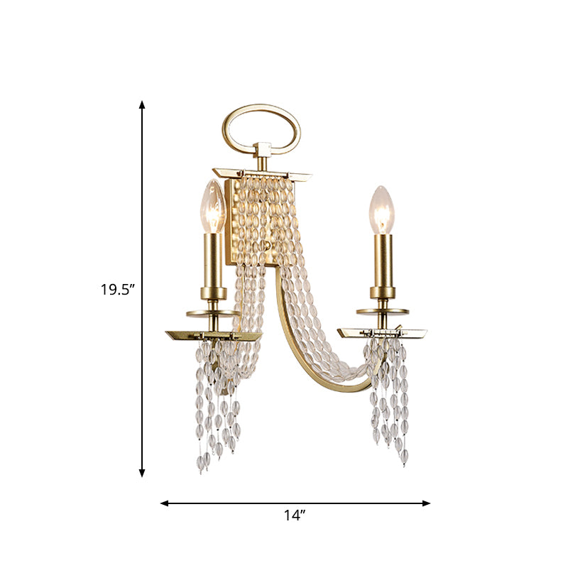 Modern Gold Metal Candle Wall Sconce With Crystal Tassel - Luxurious 2-Head Light