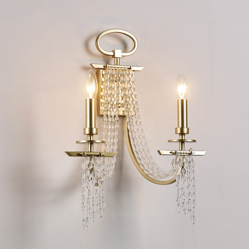 Modern Gold Metal Candle Wall Sconce With Crystal Tassel - Luxurious 2-Head Light