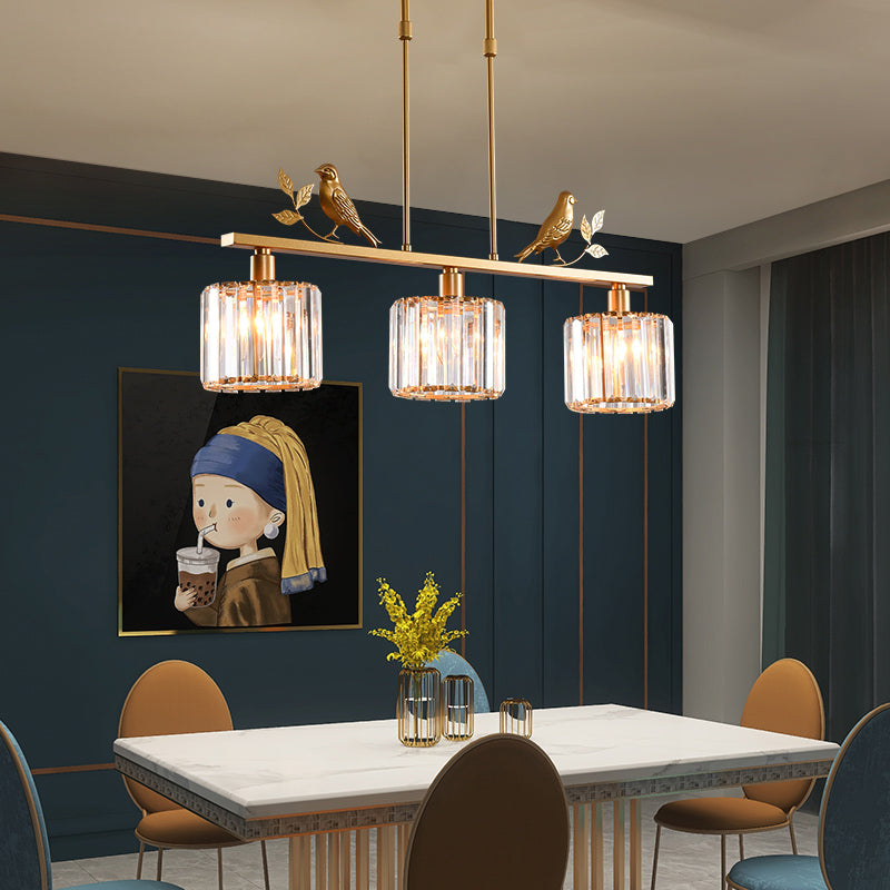 Rustic 3-Head Cylindrical Crystal Island Lighting For Dining Room With Bird And Leaf Decor