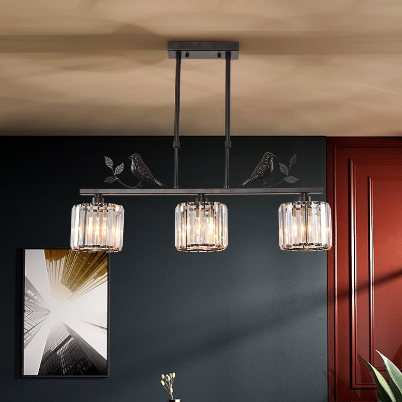 Rustic 3-Head Cylindrical Crystal Island Lighting For Dining Room With Bird And Leaf Decor
