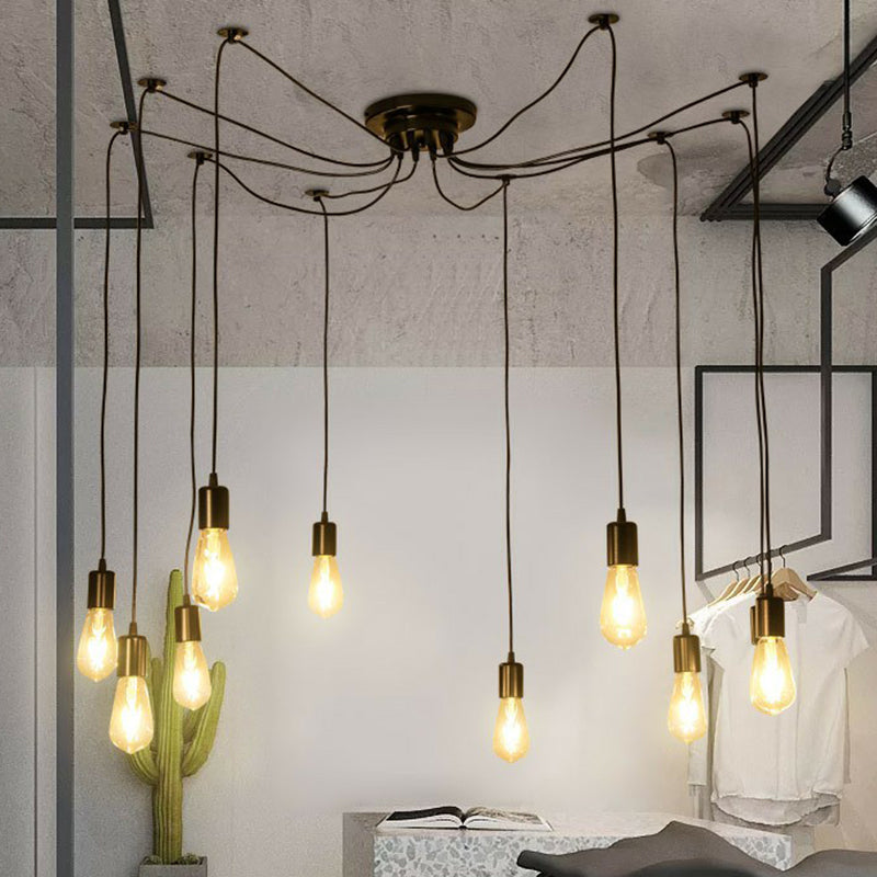 Industrial Metal Pendant Light With 10 Black Naked Bulb Heads - Perfect Garage Swag Hanging Lamp
