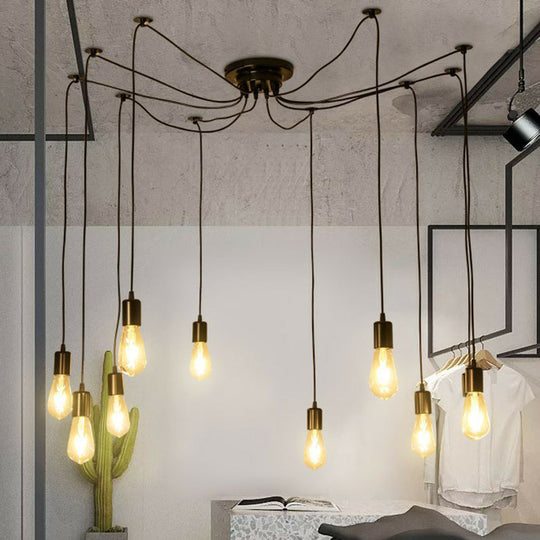 Industrial Metal Pendant Light With 10 Black Naked Bulb Heads - Perfect Garage Swag Hanging Lamp