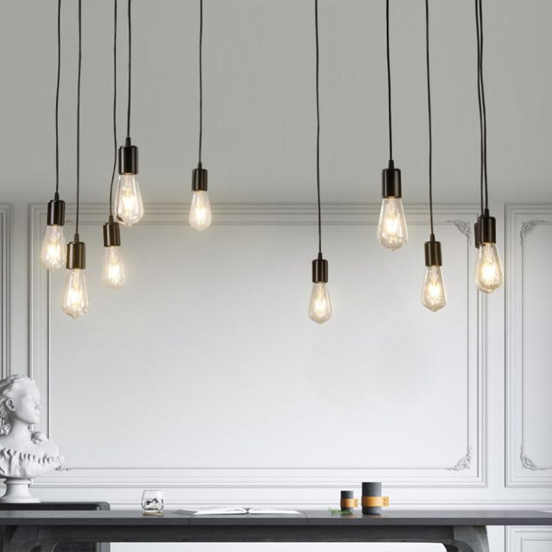 Industrial Metal Pendant Light With 10 Black Naked Bulb Heads - Perfect Garage Swag Hanging Lamp