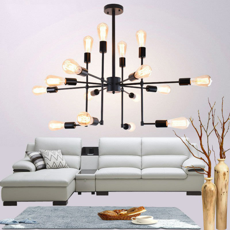 Industrial Style 4-Sided Chandelier – 16 Bulbs Black Metal - Ideal For Living Room Ceiling