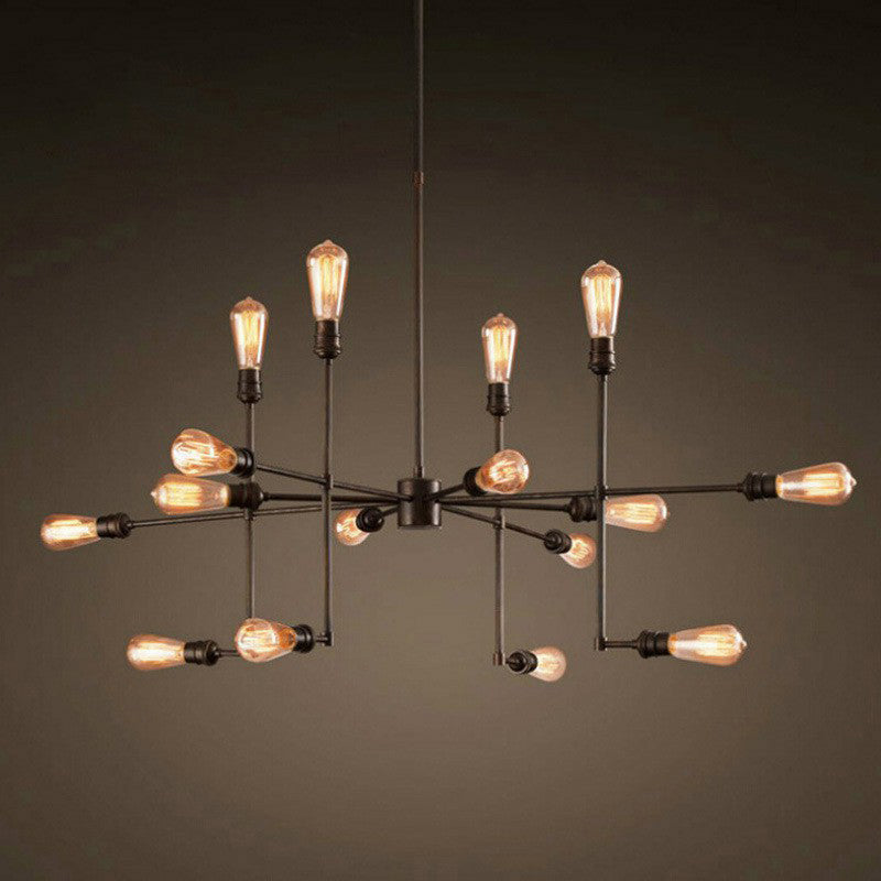Industrial Style 4-Sided Chandelier – 16 Bulbs Black Metal - Ideal For Living Room Ceiling