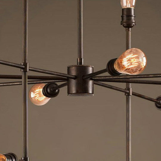 Industrial Style 4-Sided Chandelier – 16 Bulbs Black Metal - Ideal For Living Room Ceiling